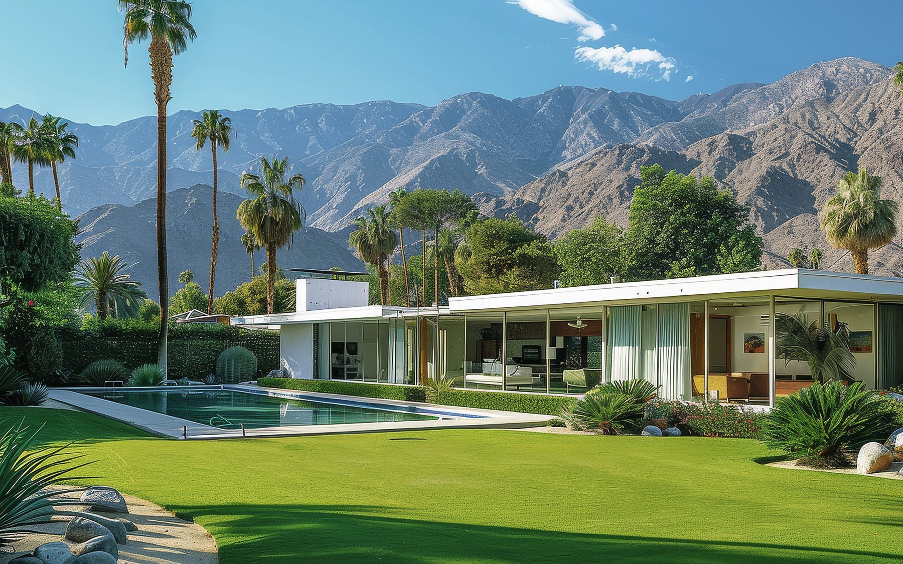 Mid-century modern home with mountain backdrop at golden hour