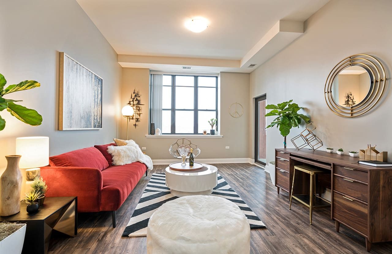 Living room with red sofa